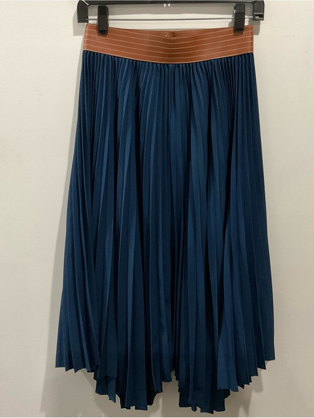 Loewe Blue Pleated Midi Skirt with Brown Waistband sz L